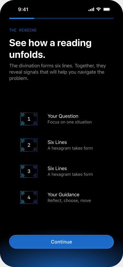 Learn how a six-line I Ching reading unfolds during onboarding