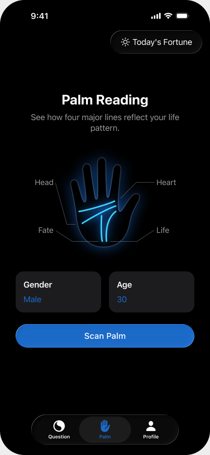 AI Oracle Palm Reading scan screen showing Heart, Head, Life, and Fate lines