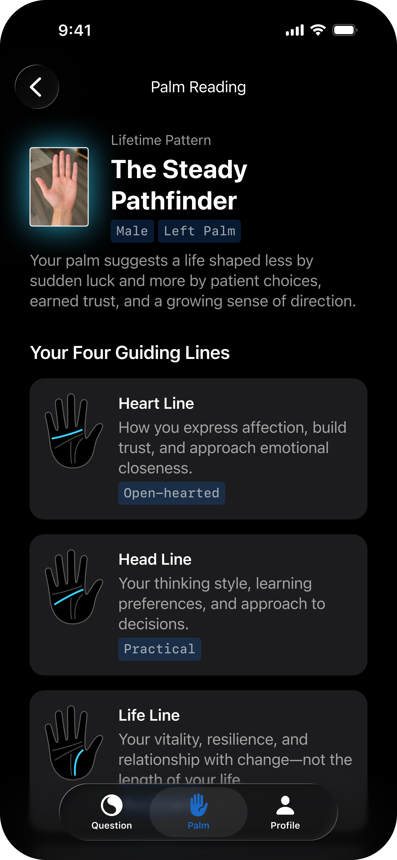 AI Oracle palm reading result showing the four guiding lines